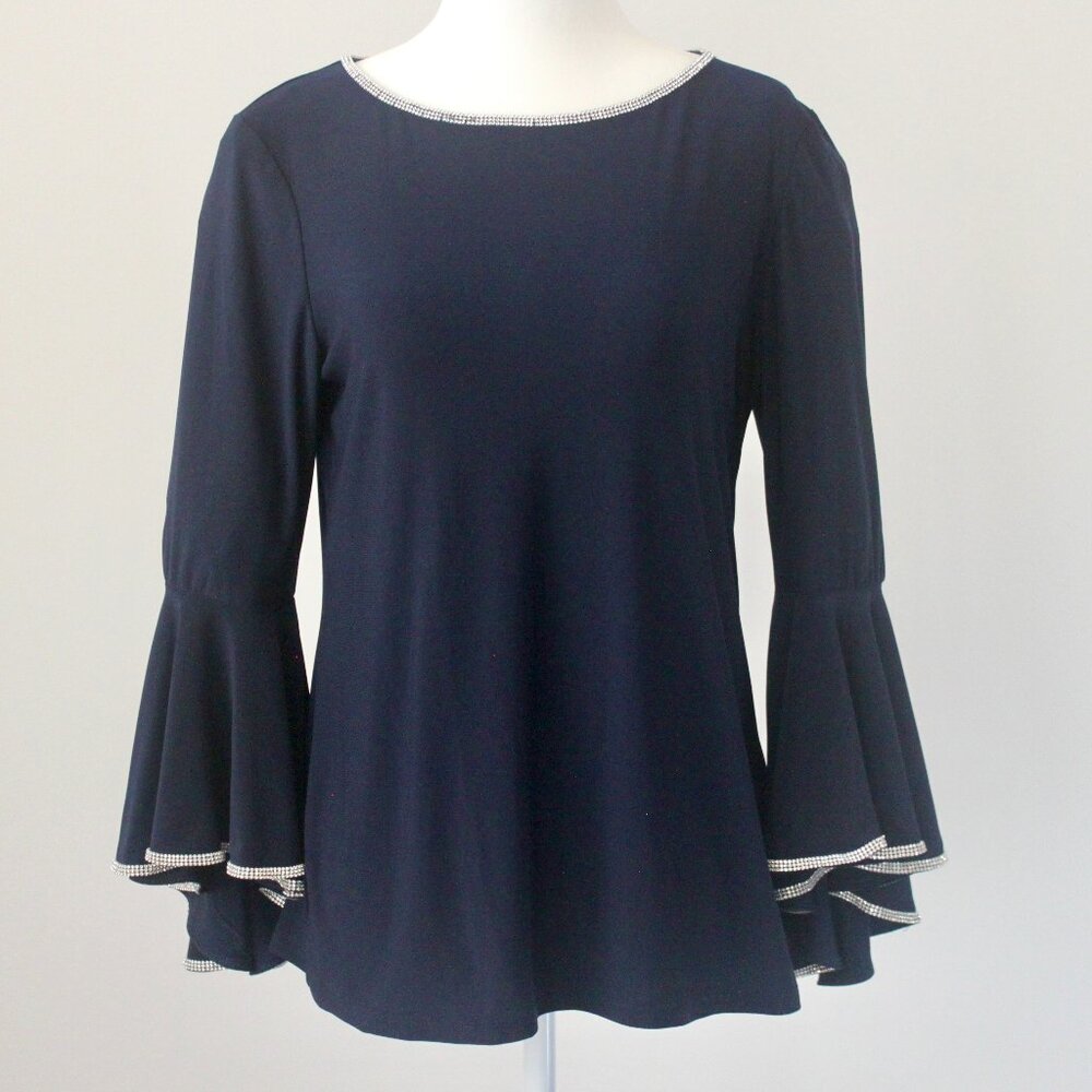 MSK Navy Blue Rhinestone-Trim Bell-Sleeve Formal Blouse Top Small